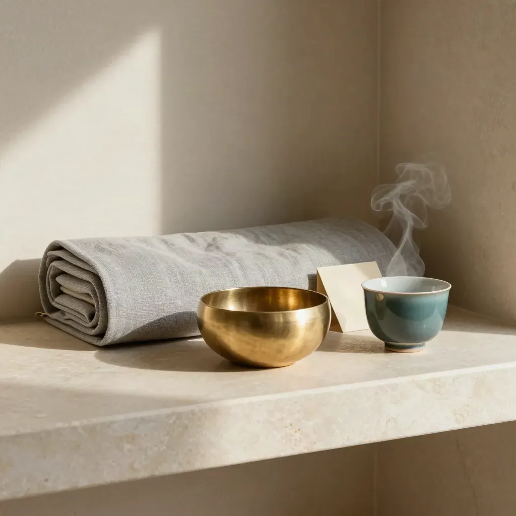 Mindfulness session kit on a stone shelf with brass bowl, mat, eye pillow and steaming tea cup.
