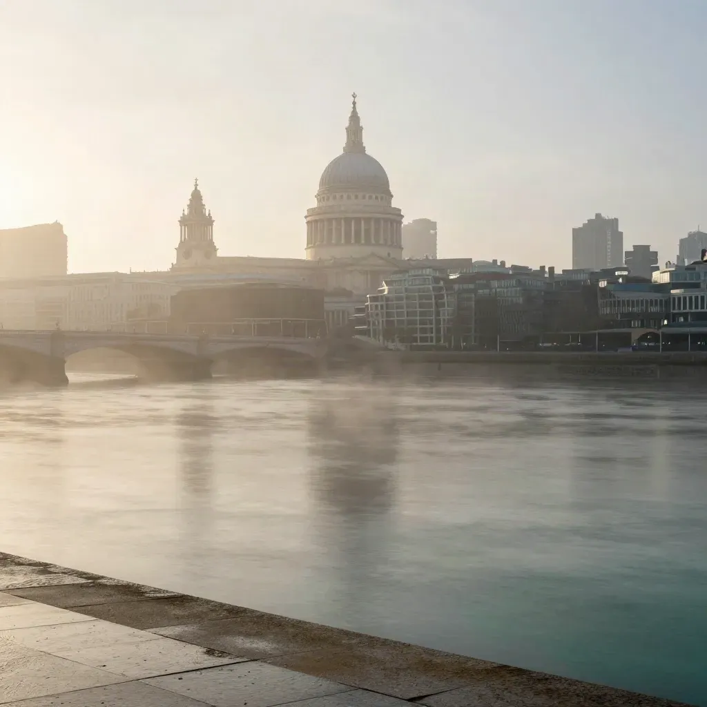 Hazy Thames skyline with St Paul’s dome above a misty river at dawn