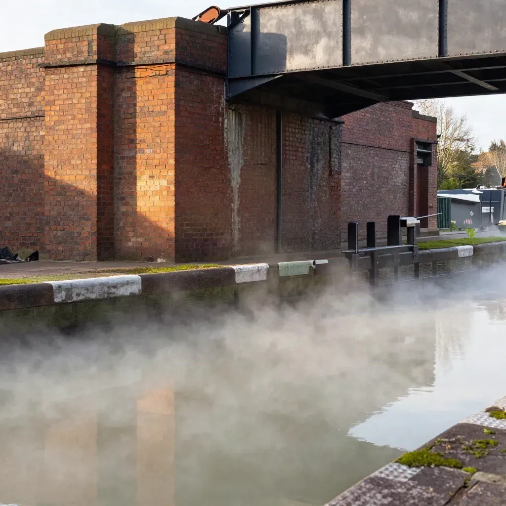 Weathered West Midlands canal wall, steel bridge and misty water in soft evening light.