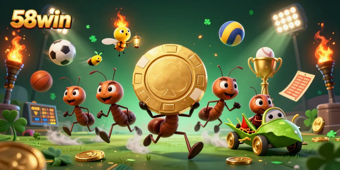 Experience thrilling action with 58win as ants transport a giant poker chip amidst dynamic sports elements.