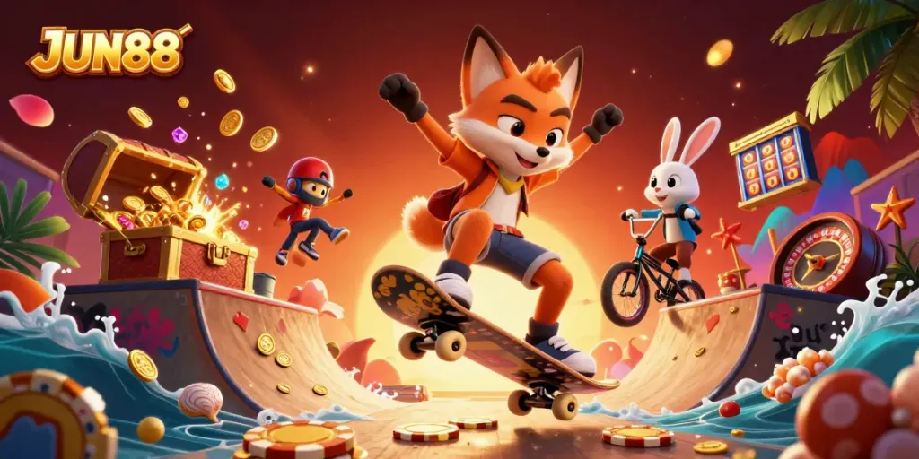 JUN88 brings excitement to online gaming with a vibrant scene of a skateboarding fox and BMX rabbit surrounded by casino elements.