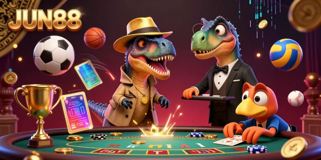 Experience thrilling gameplay at JUN88 with a velociraptor card counter covertly at a blackjack table.