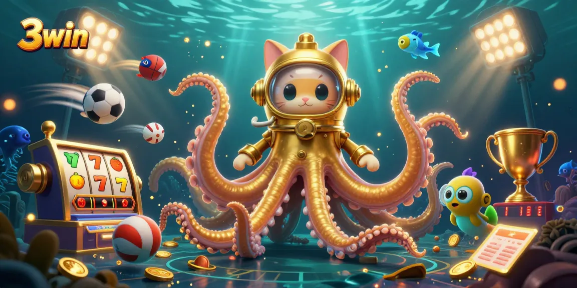 Experience thrilling gameplay at 3win with a dazzling underwater scene showcasing a kraken, diving cat, and gambling elements.