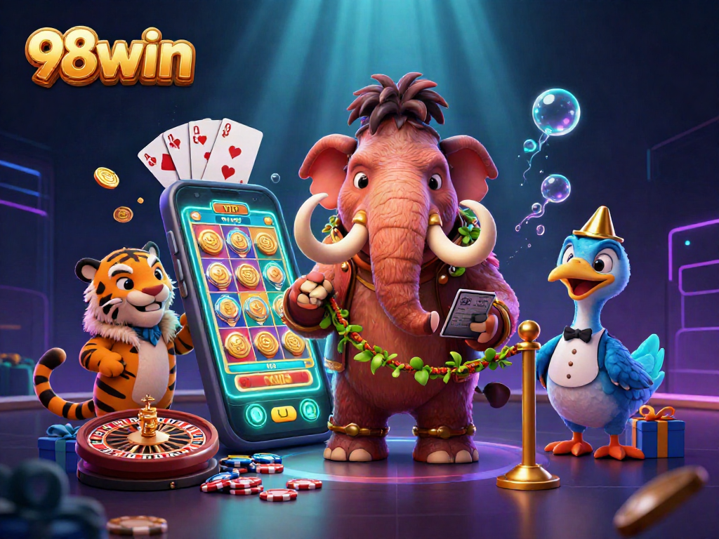Experience the excitement at 98win with a vibrant 3D illustration featuring unique characters and lively casino elements.