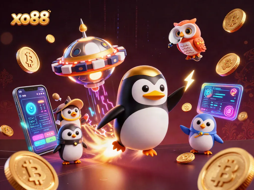 Experience thrilling gameplay at xo88 with a golden penguin racing toward a casino space station.