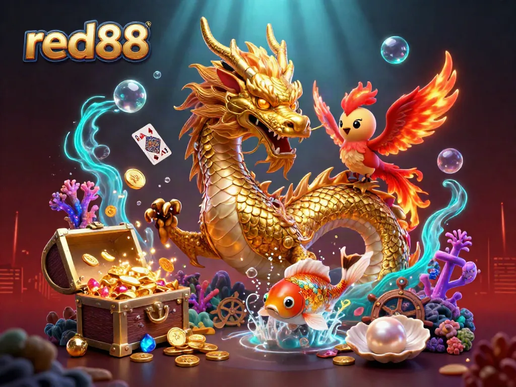 Engage in thrilling gameplay with red88's dynamic casino adventure, featuring a dragon, phoenix, and koi.