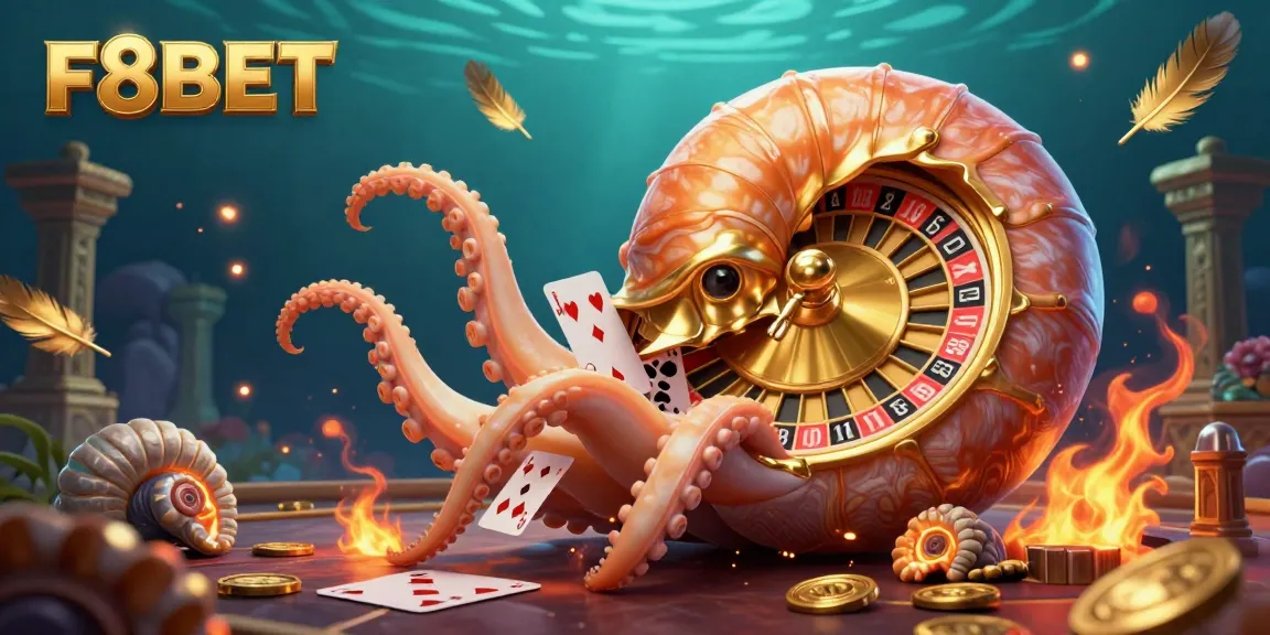 Experience F8BET in an exciting casino scene featuring a giant nautilus and glowing ammonite fossils.