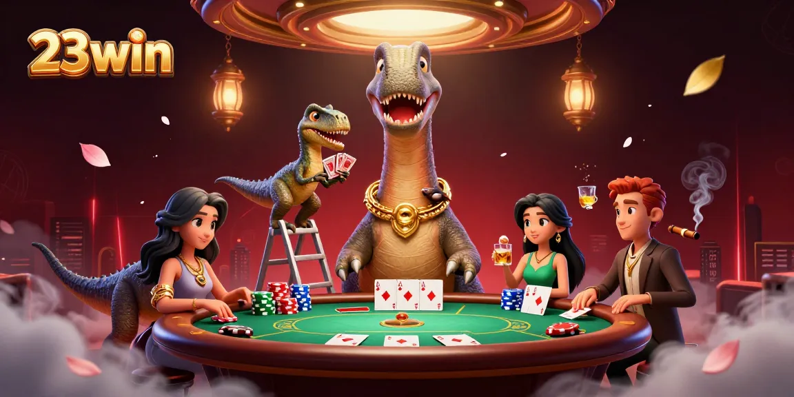 Experience the vibrant 23win casino atmosphere with a playful brontosaurus and engaging poker scene.