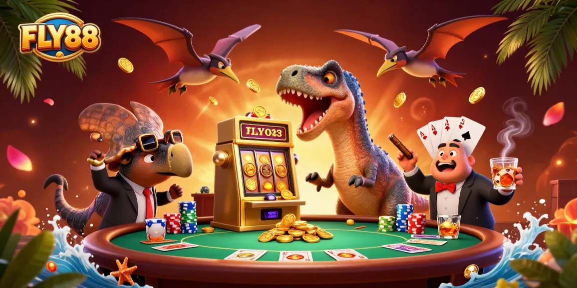 FLY88 casino adventure with a pachycephalosaurus winning jackpots and vibrant game elements