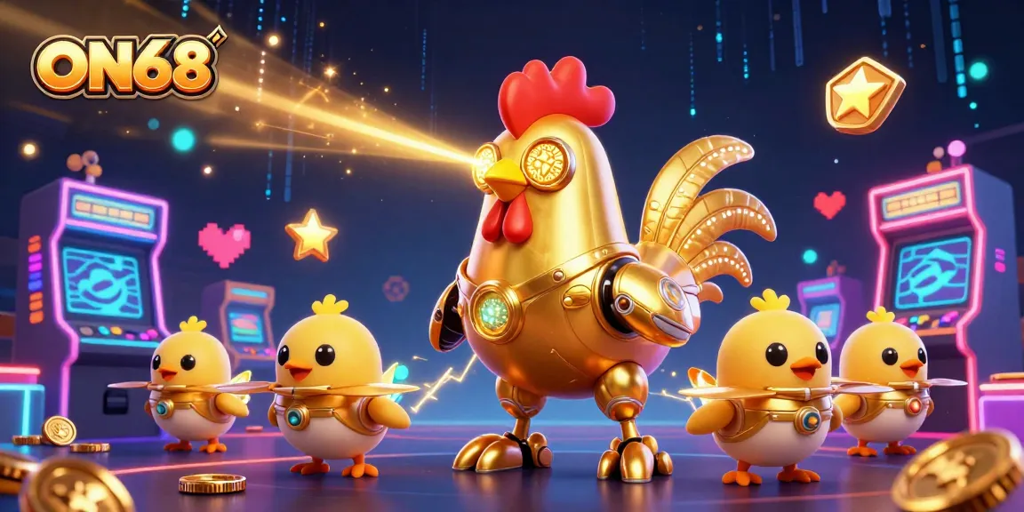 ON68 powers up excitement with a golden rooster robot and baby chick drones in a vibrant casino world.