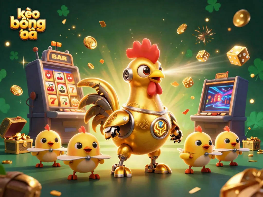 Engage in thrilling kèo bóng đá with a futuristic scene featuring a golden robot and baby drones amidst dynamic casino elements.