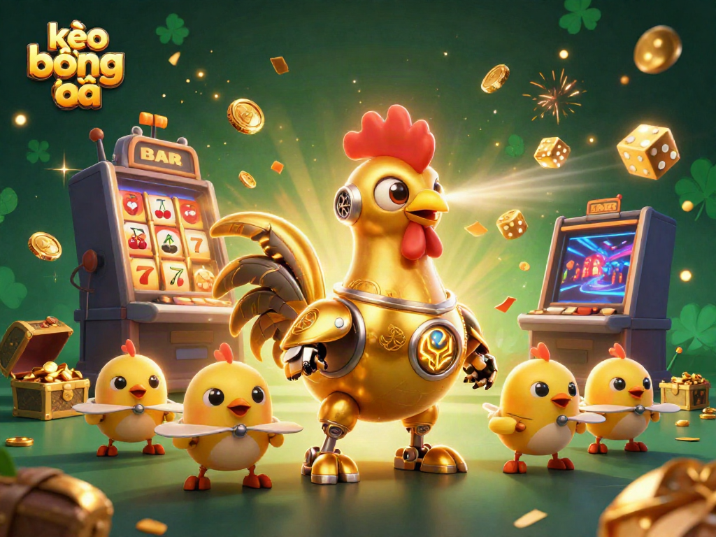 Engage in thrilling kèo bóng đá with a futuristic scene featuring a golden robot and baby drones amidst dynamic casino elements.