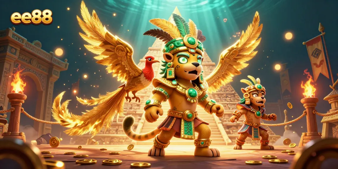 Engage with ee88 in an immersive 3D casino scene featuring ancient Mayan elements and treasures.