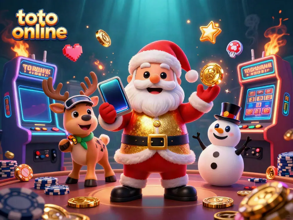 Toto online slots featuring Santa, reindeer, and snowman in a colorful casino scene.