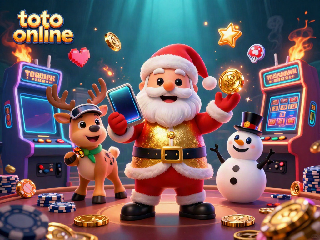 Toto online slots featuring Santa, reindeer, and snowman in a colorful casino scene.