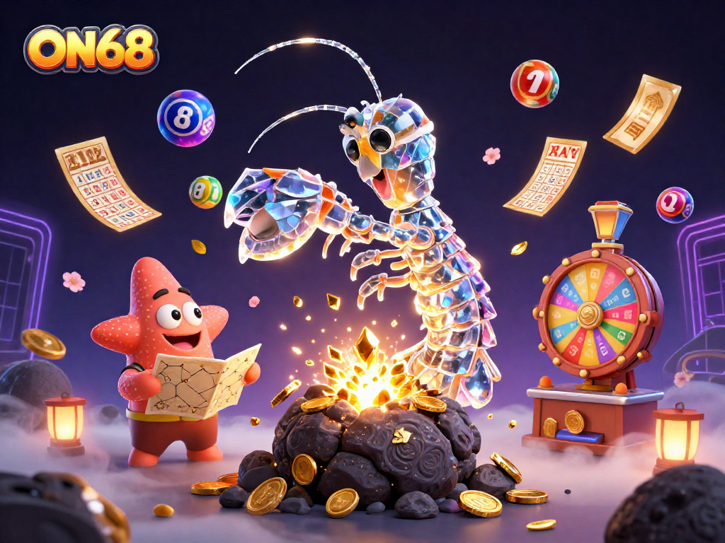 Engage with ON68's vibrant gaming action as a mantis shrimp punches gems from an asteroid while a starfish navigates.