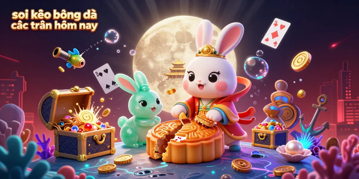 Soi kèo bóng đá các trận hôm nay features a moon rabbit scene with poker chips surrounded by vibrant casino elements.