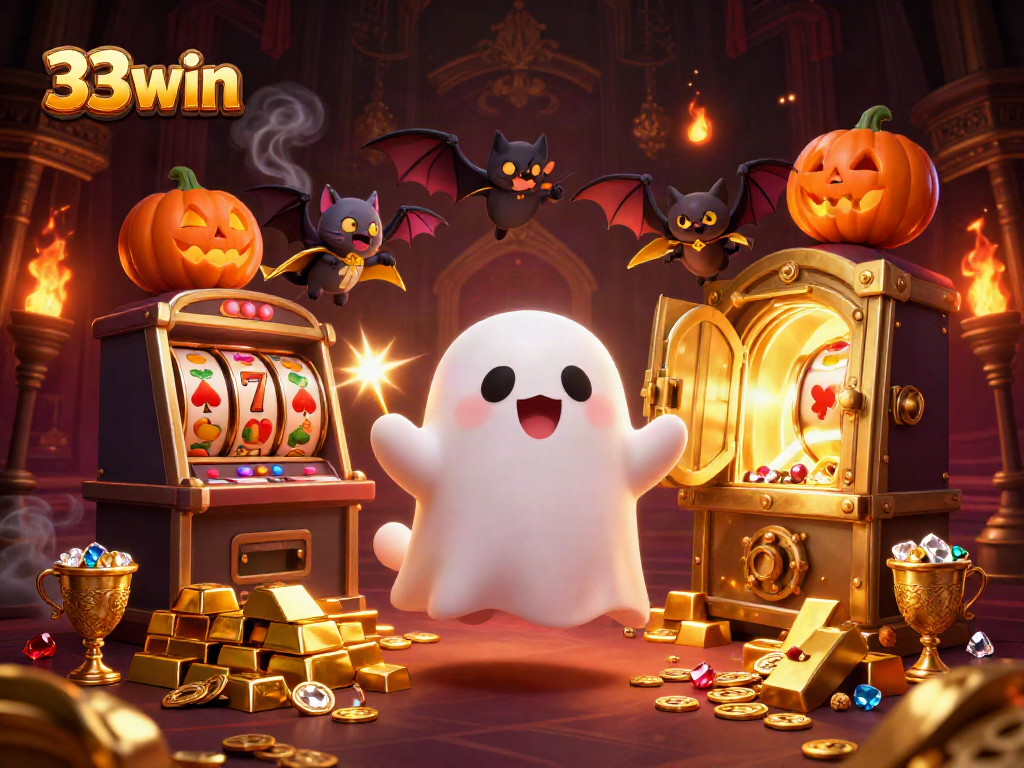Engage with 33win as a ghost cat navigates a haunted casino filled with rich treasures.