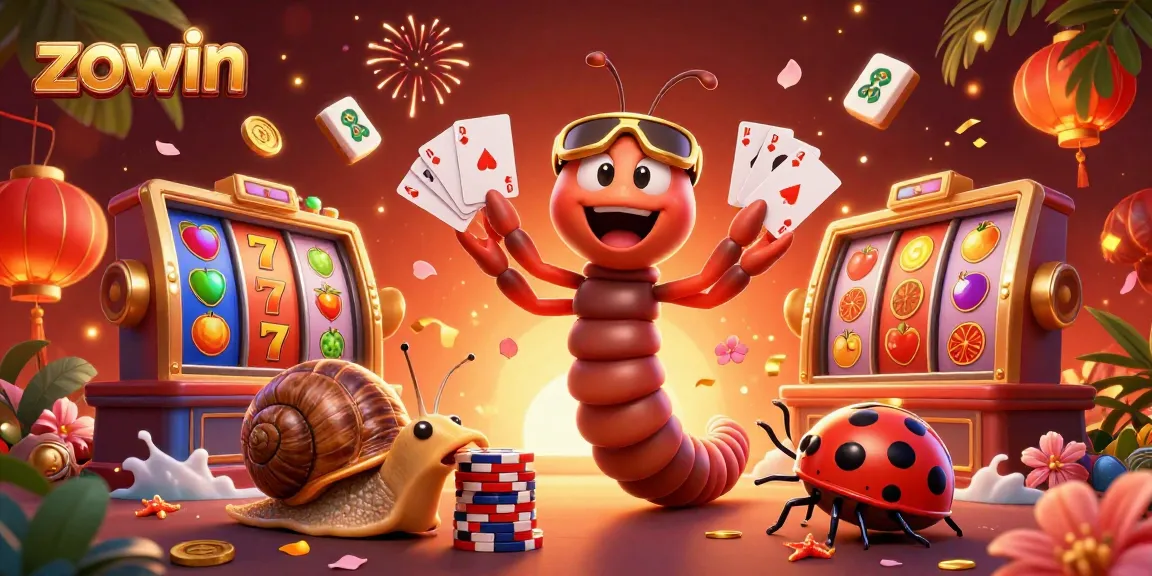 Engage in thrilling gameplay with Zowin's vibrant slot scene featuring a cartoon dealer and high-roller chip stack.