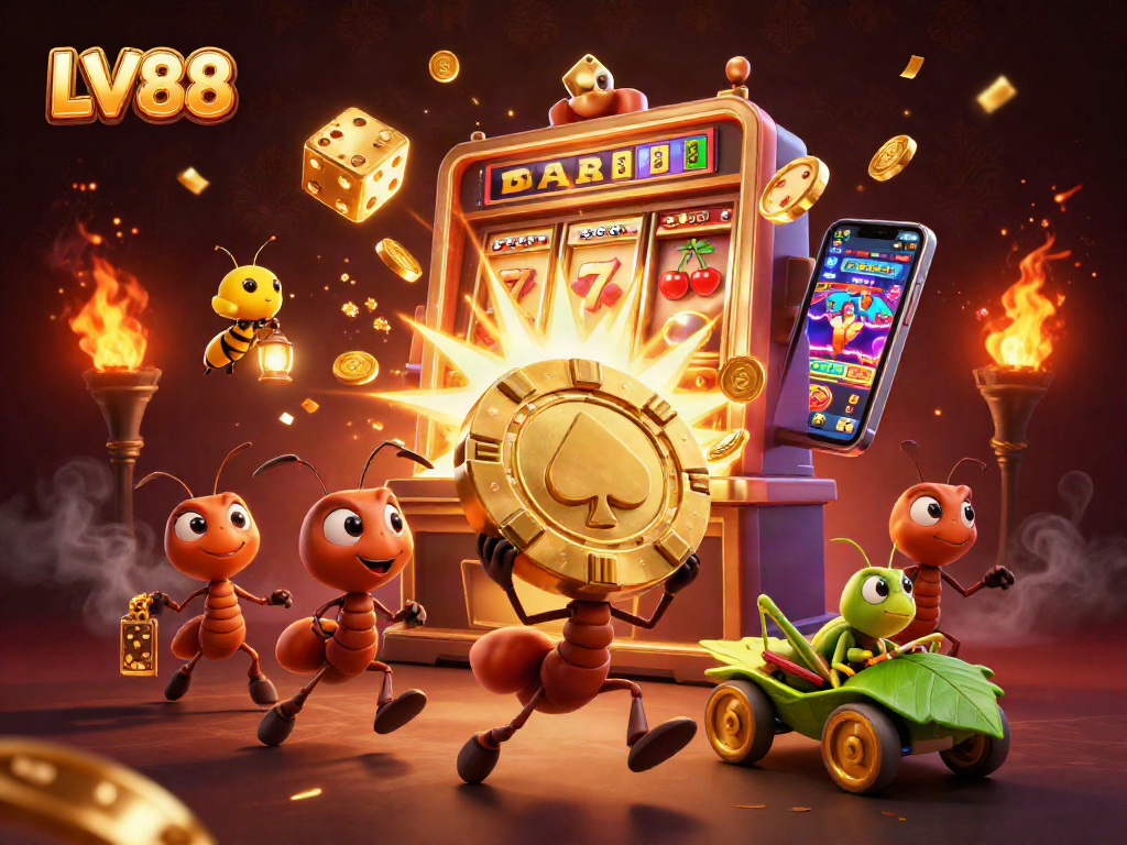 Engaging LV88 illustration of animated ants heisting a golden poker chip amid a vibrant casino environment.