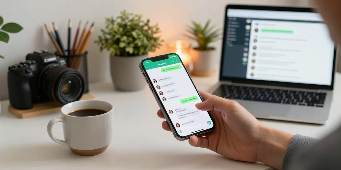 WhatsApp下載 on a smartphone while user interacts in a modern workspace.