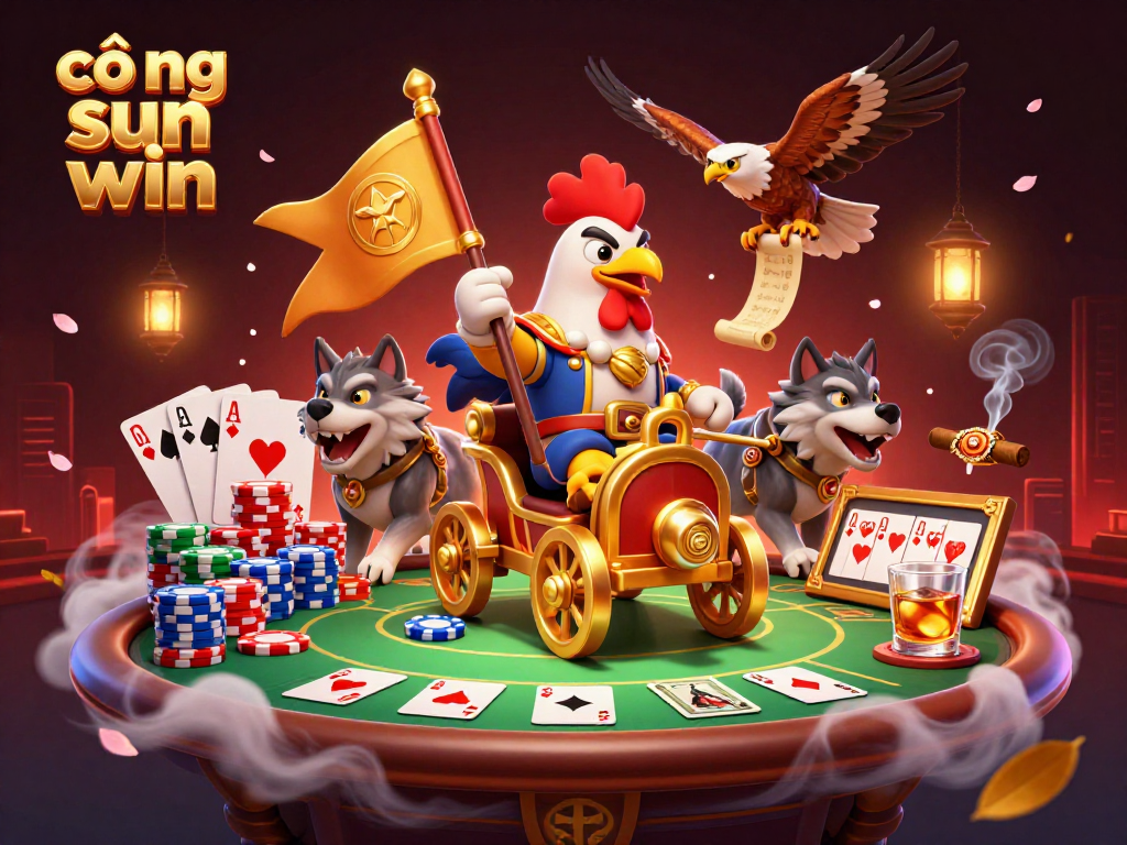 Experience thrilling action at cổng sun win with a vibrant scene of a rooster warlord, poker elements, and dynamic gaming.