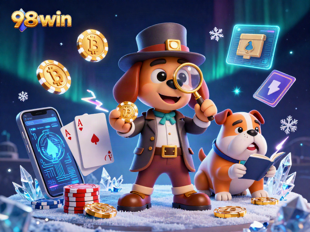 Win big with 98win poker action, featuring a detective with clues and vibrant casino elements.
