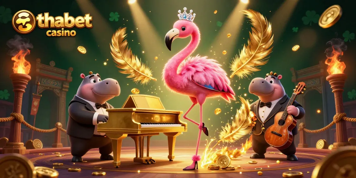 Experience thabet casino with a vibrant 3D illustration featuring a flamingo singer and hippo bassist.