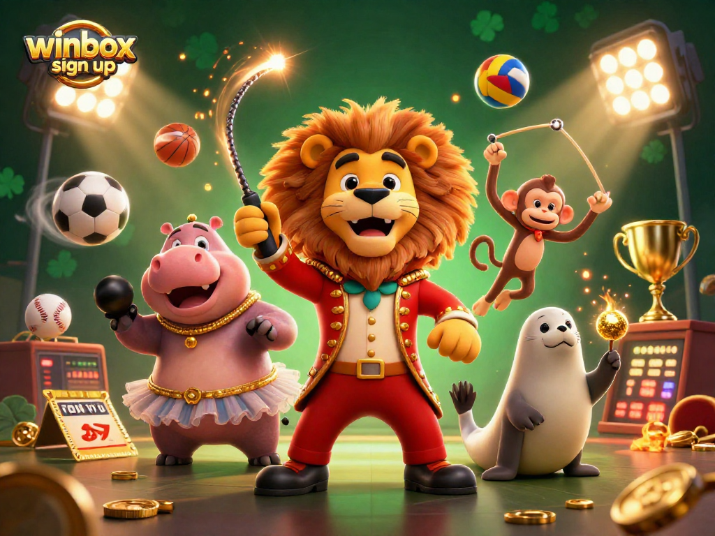 Experience quick access to gaming with winbox sign up, featuring lively 3D characters and casino elements.