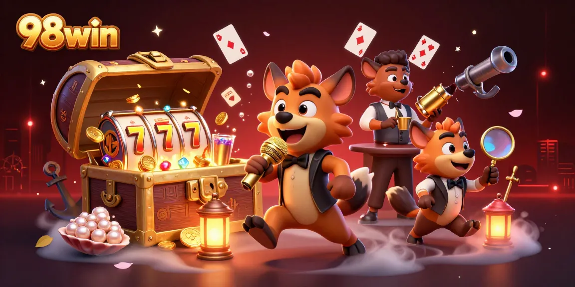 Experience dynamic gambling fun at 98win with cartoon hyenas in a vibrant casino scene.