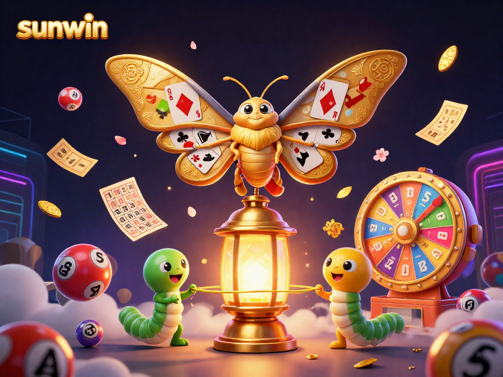 Engage in vibrant sunwin gaming with colorful lottery balls and an enchanting atlas moth.
