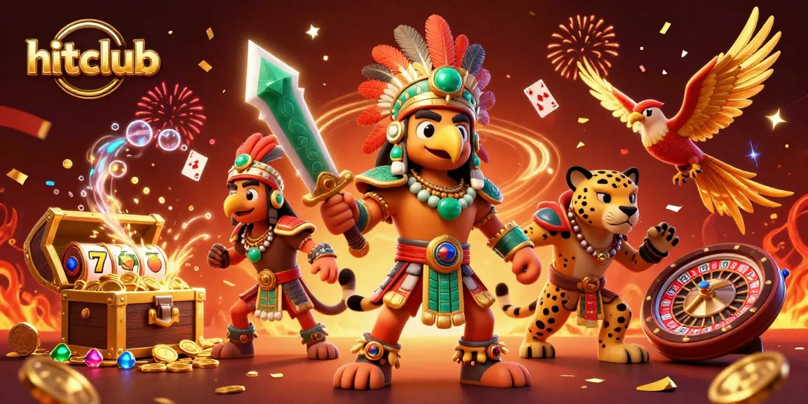 Hitclub casino illustration with vibrant warriors and dynamic game elements like slot reels and cards.