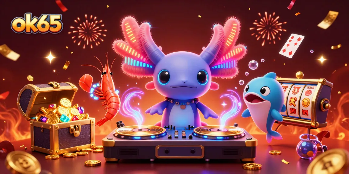 ok65 showcases a lively 3D casino scene with an axolotl DJ and vibrant underwater elements.