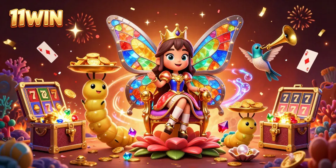 Experience winning dreams with 11WIN in a vibrant, magical casino scene filled with colorful treasures.