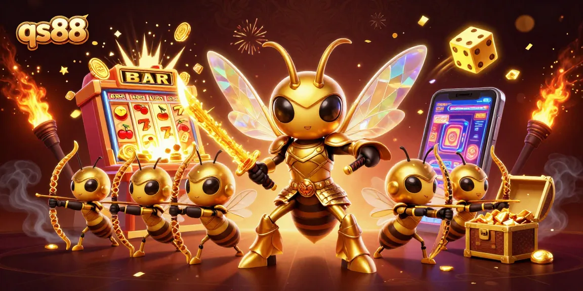 Engage in thrilling slots action at qs88 with a dynamic 3D visual of golden hornet warriors amidst casino elements.