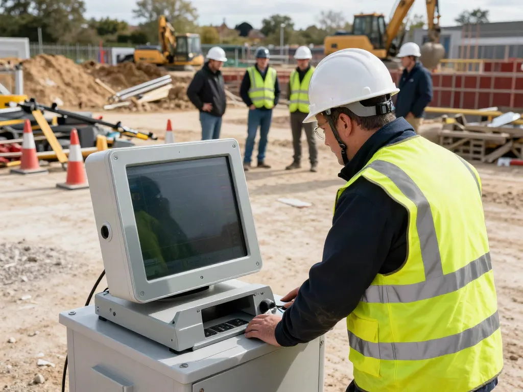 GPR Survey Surrey with technician using ground-penetrating radar equipment at a construction site.