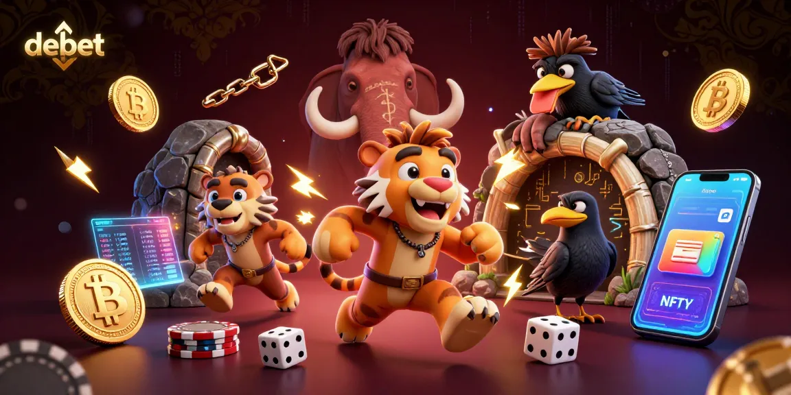 Experience the excitement of debet casino with a dynamic 3D scene featuring prehistoric characters and crypto elements.