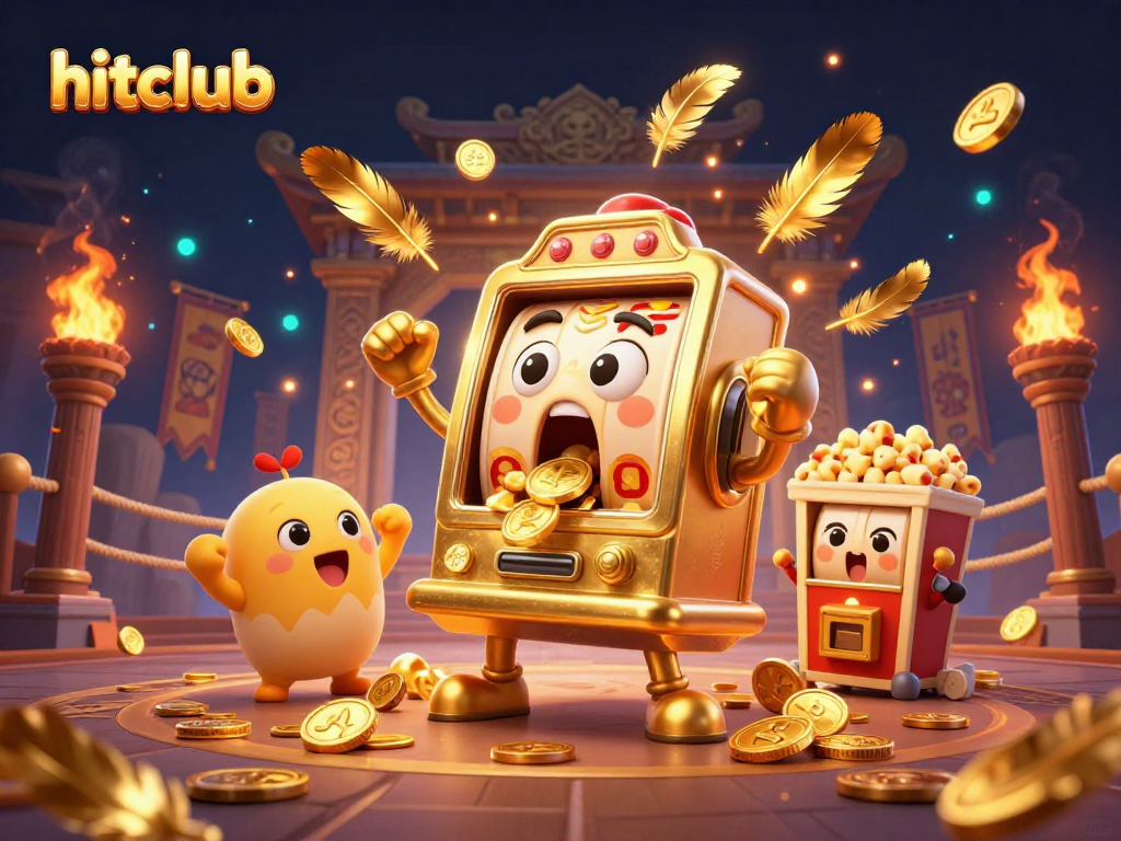 hitclub slot machine celebrates a jackpot with golden coins pouring, surrounded by cheering characters and dynamic casino elements