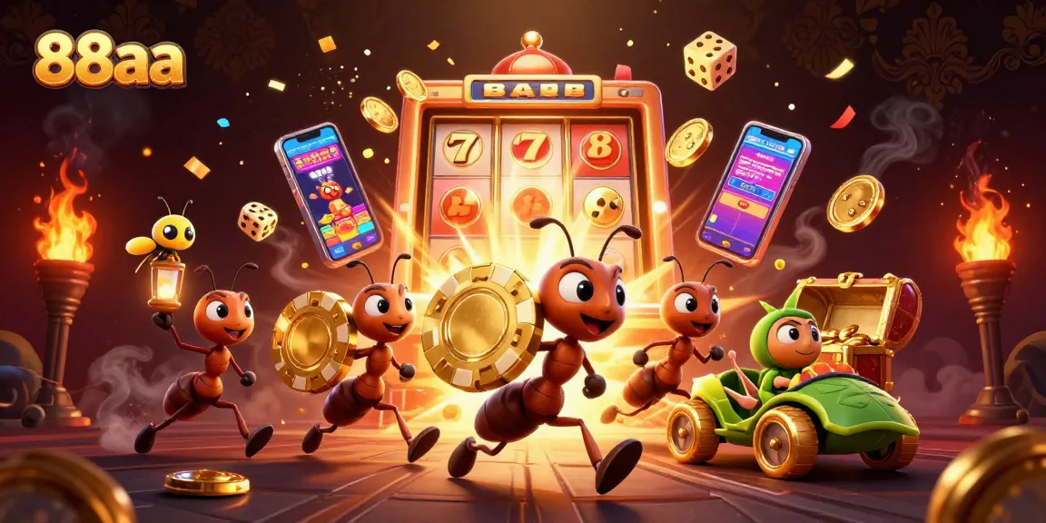 Ants in a heist carrying a giant poker chip under the brand 88aa, amidst casino chaos.