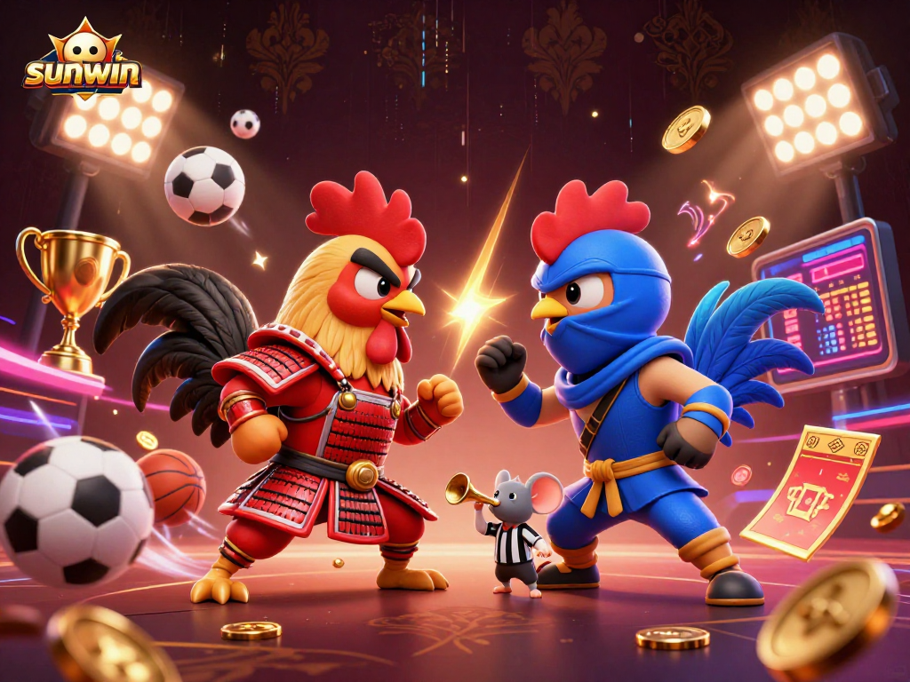 Engage with sunwin's thrilling action as dynamic 3D roosters face off in a vibrant gambling showdown.
