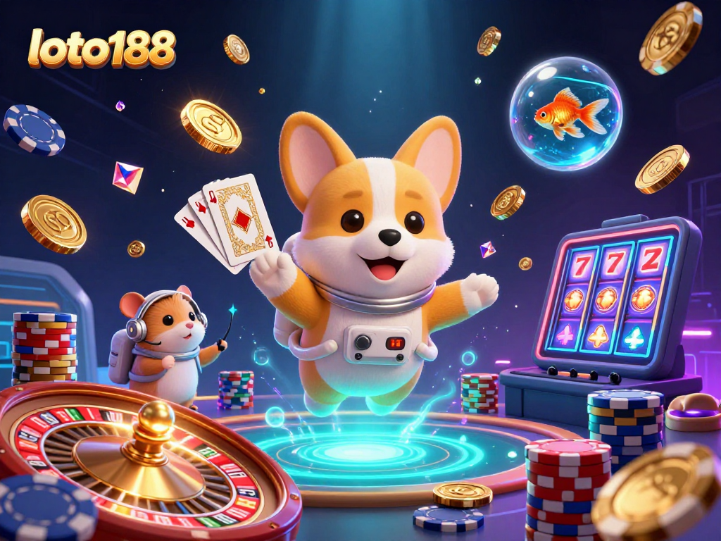 Experience loto188's thrilling casino scene in zero gravity with animated characters and vibrant gaming elements.
