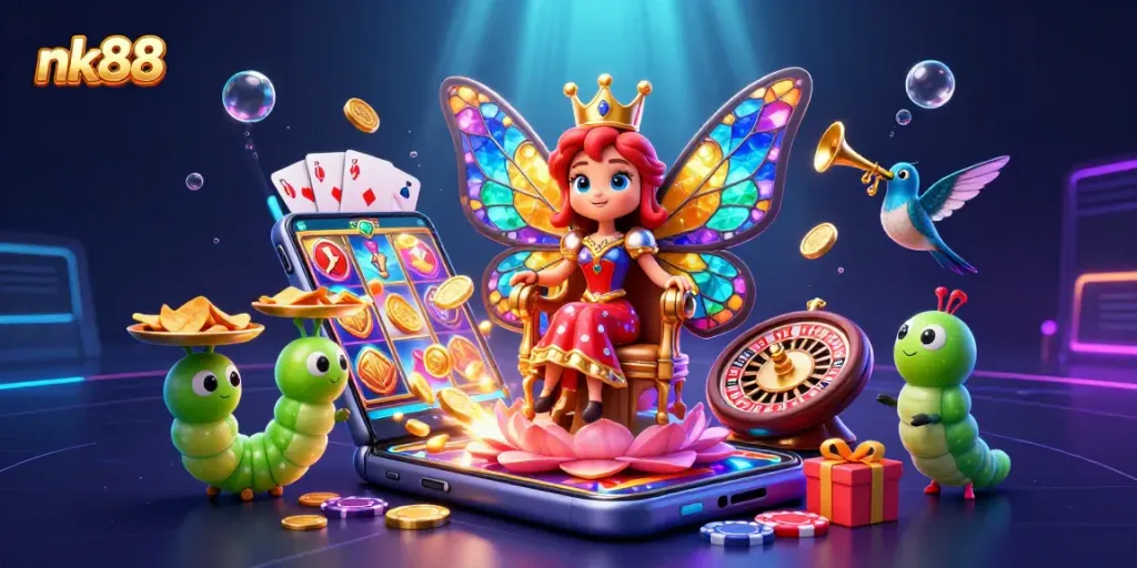 Spin and win at nk88 with a vibrant butterfly queen amidst exciting casino elements.