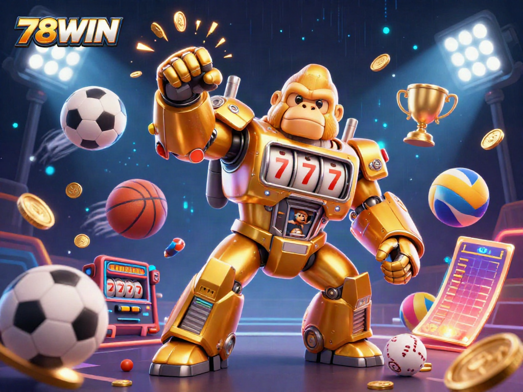 Experience thrilling action with 78WIN's vibrant transformation, featuring a golden gorilla mech amidst sports excitement.