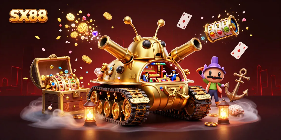 SX88 showcases an extravagant mini casino within a golden beetle tank, surrounded by dynamic game elements.