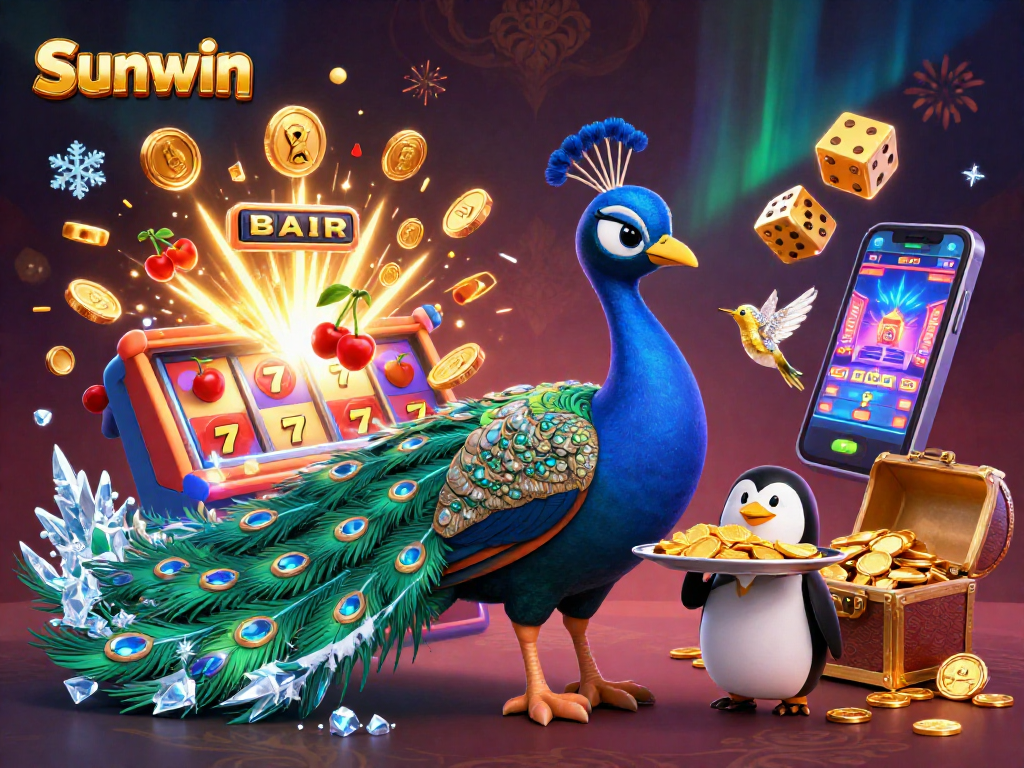 Spin the reels at Sunwin, experiencing a vibrant 3D casino scene filled with jackpots and excitement.