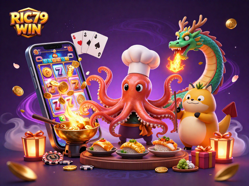 Experience RIC79 WIN in a vibrant casino scene featuring a sushi chef octopus and a dragon.