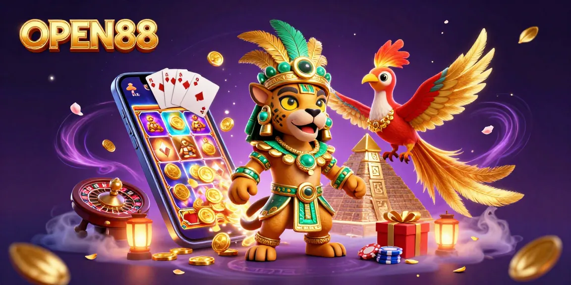 Experience thrilling gaming with OPEN88, featuring a vibrant 3D scene of a Mayan priest and quetzal bird amidst casino elements.