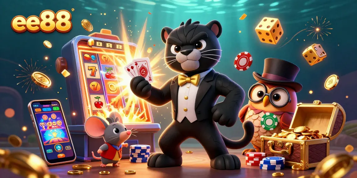 ee88 themed illustration featuring a tuxedo-clad panther dealing cards amidst vibrant casino elements.