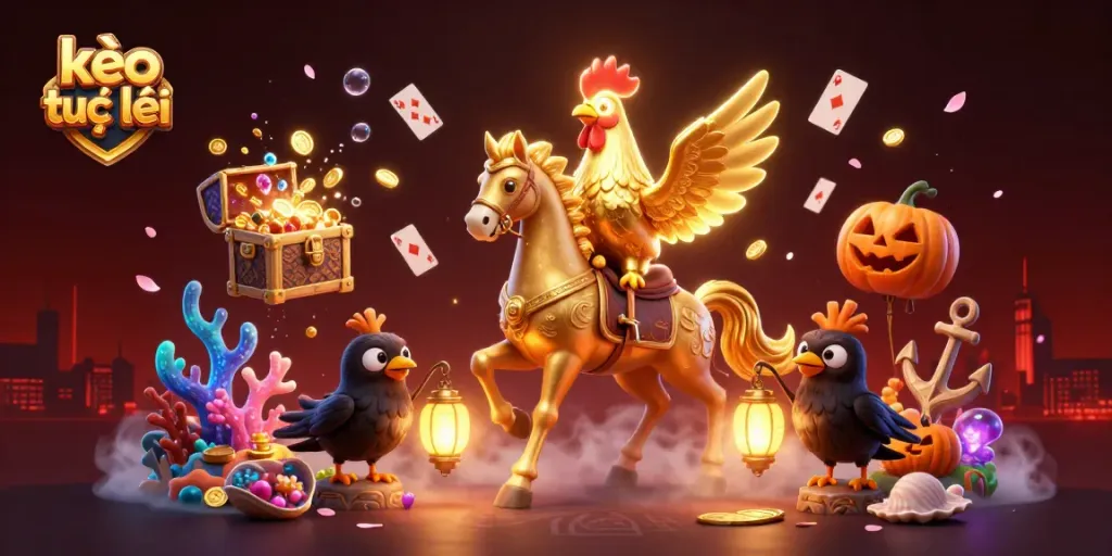 Experience kèo trực tuyến in a vibrant 3D casino scene featuring a golden rooster and magical companions.