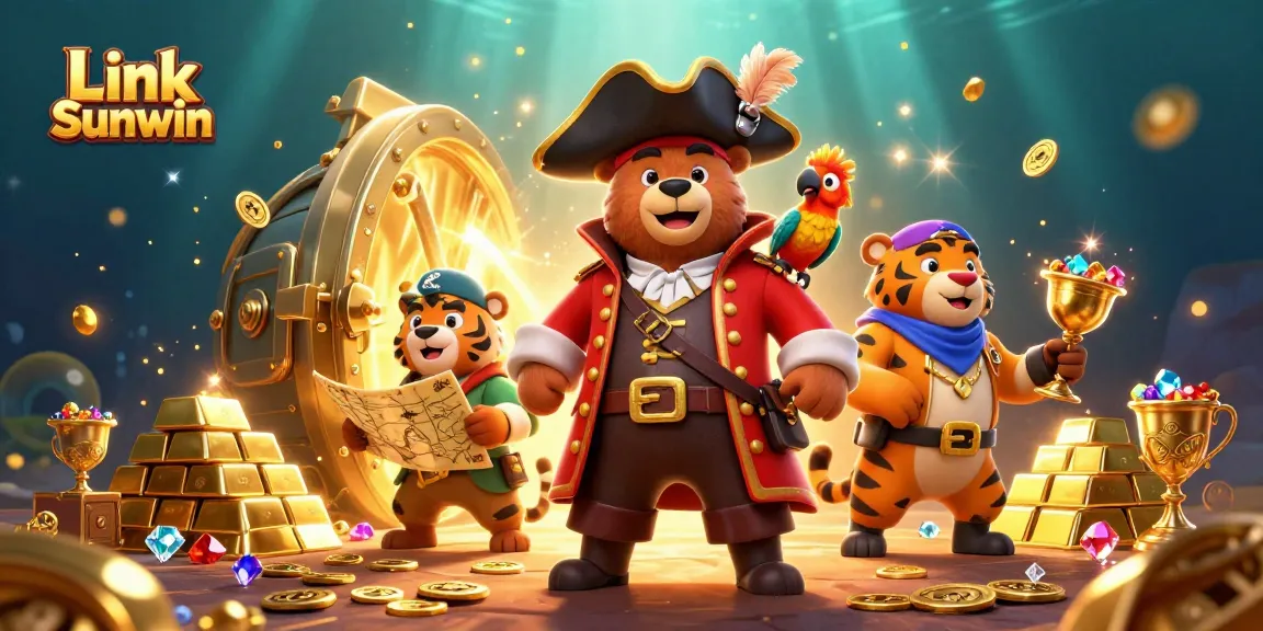 Engage in thrilling gameplay with Link Sunwin as the pirate bear and tiger explore treasure-filled casino lands.